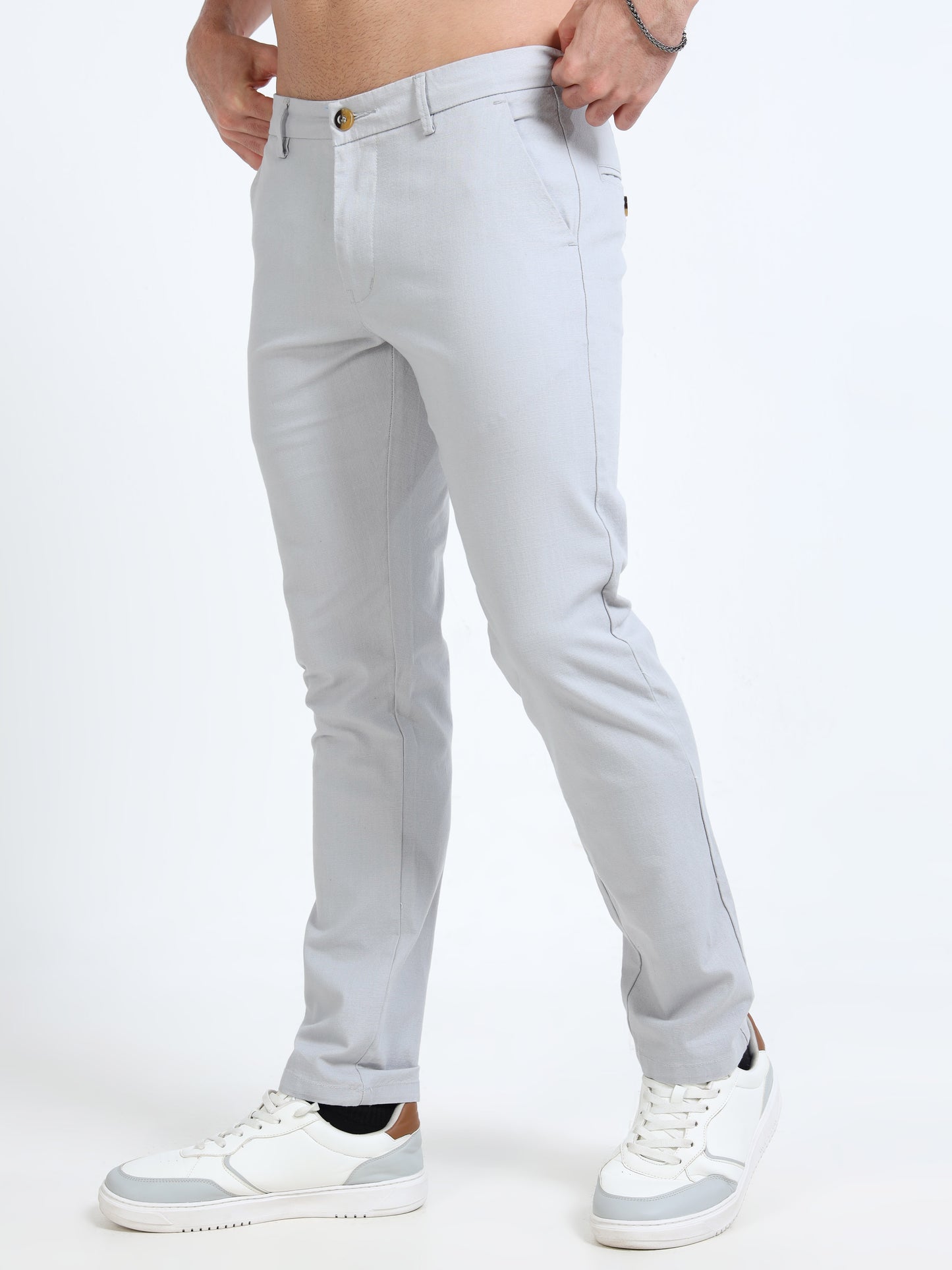 Men’s Slim Fit Light Grey Cotton Linen Trousers – Modern Everyday Style